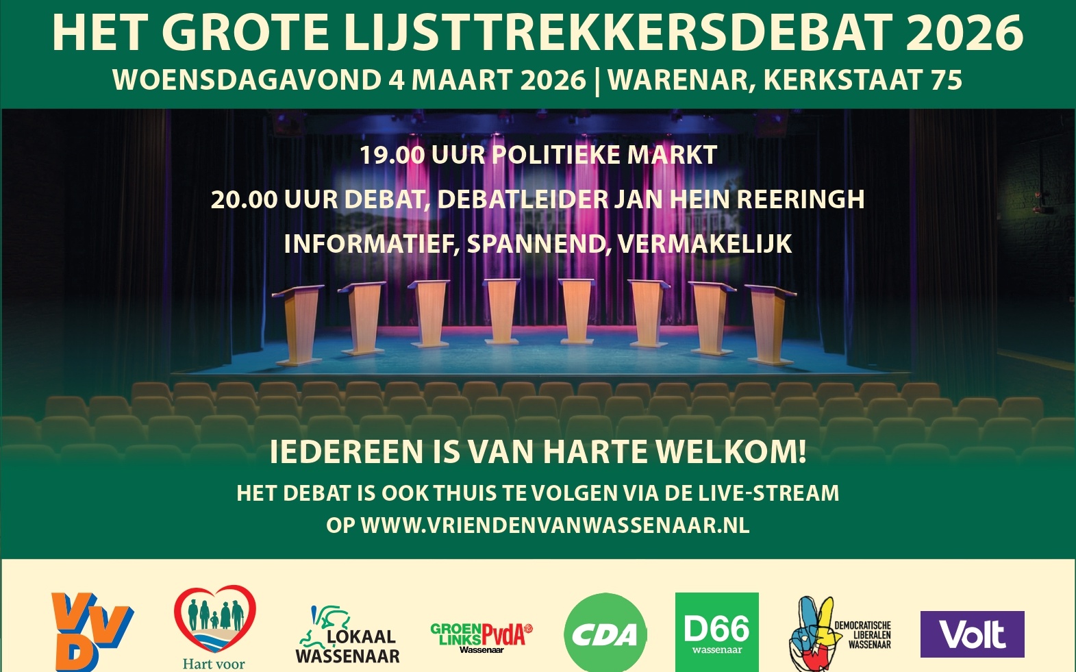 Het Grote Lijsttrekkersdebat: vanavond in Theater Warenar